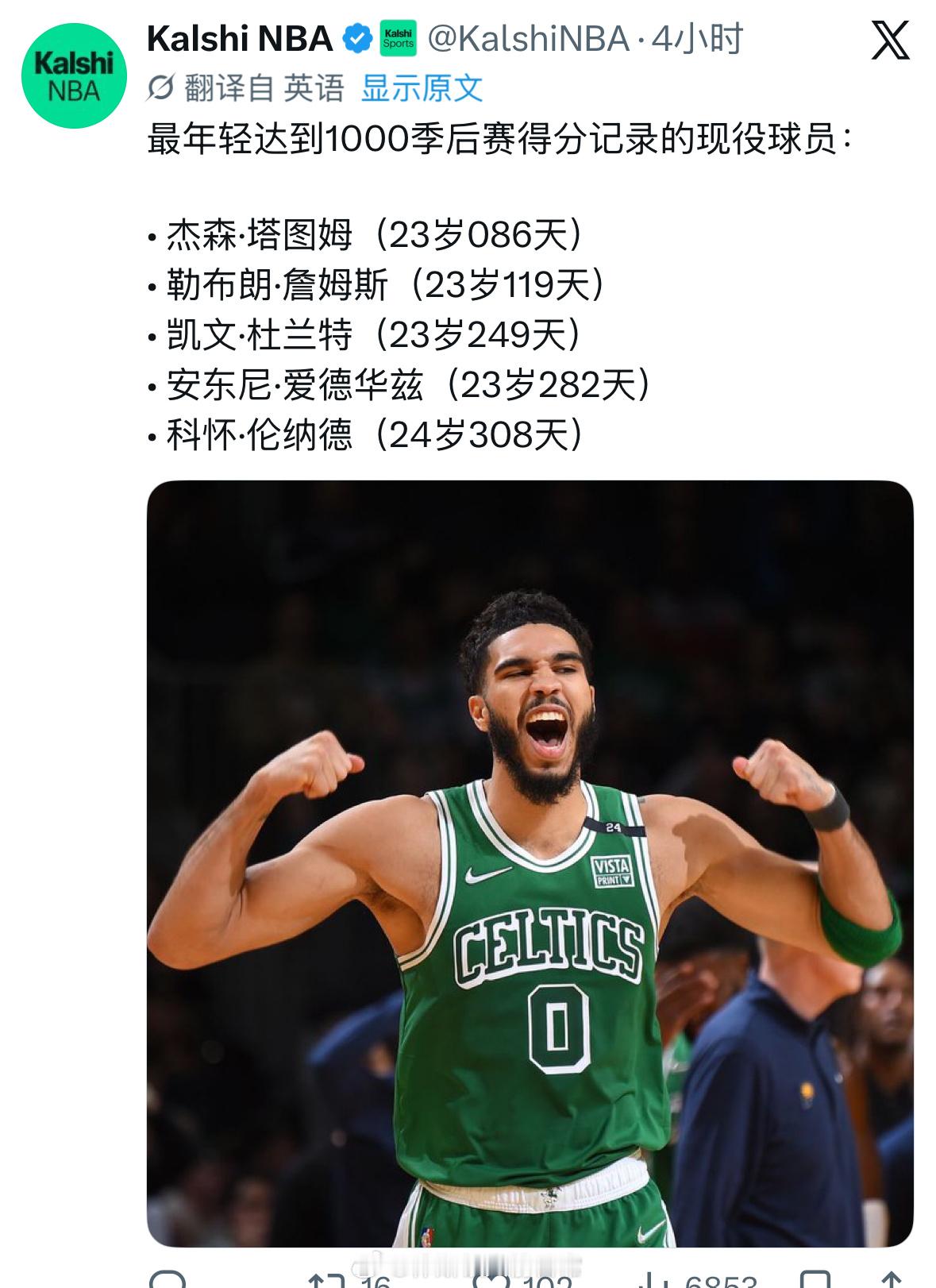 最年轻达到1000季后赛得分记录的现役球员杜兰特休斯顿火箭微博视频号迎新计划