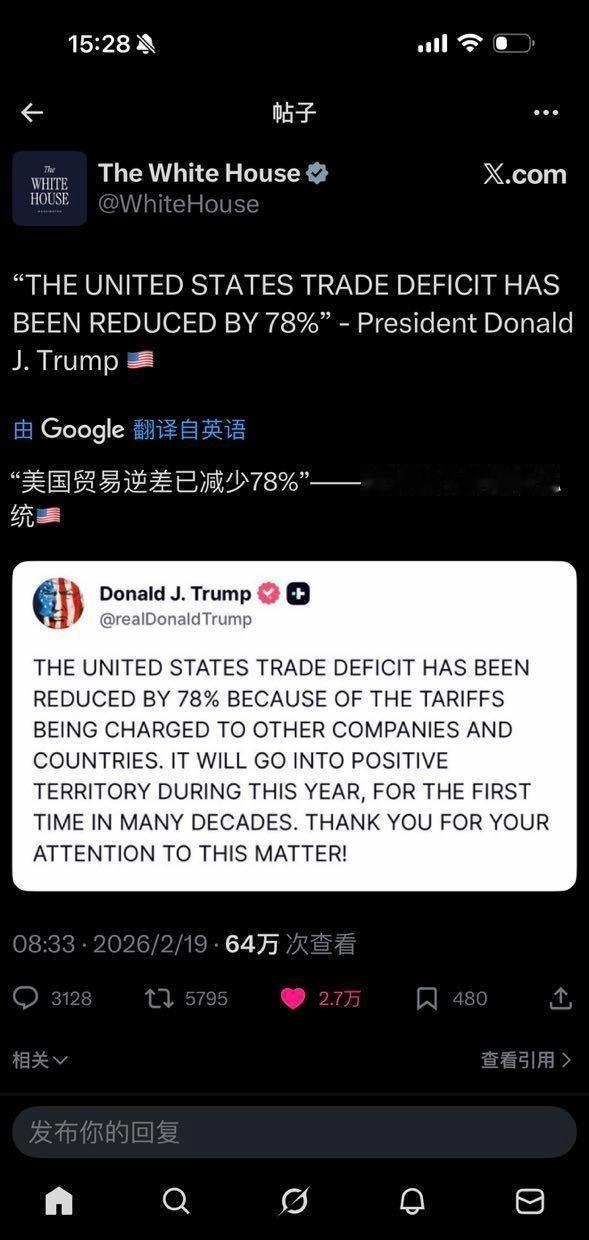 白宫：

美国贸易逆差额已减少78％。 ​​​