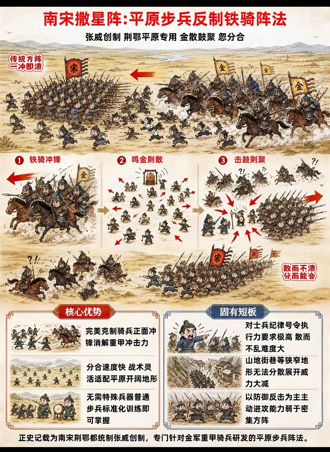 宋朝的伟大贡献是积攒了无数步兵对骑兵的优秀先进经验。
  根据《宋史·张威传》记