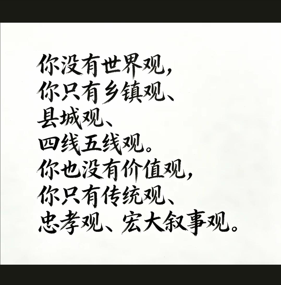 我没有世界观，我只有乡镇观、县城观；我也没有价值观，我只有传统观、忠孝观、宏大叙