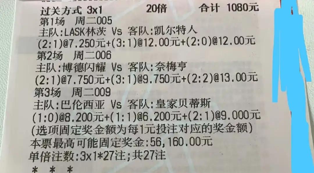 1080元的彩票，选了9个比分，结果没有一个对的。
不是这位大哥水平太差，而是猜