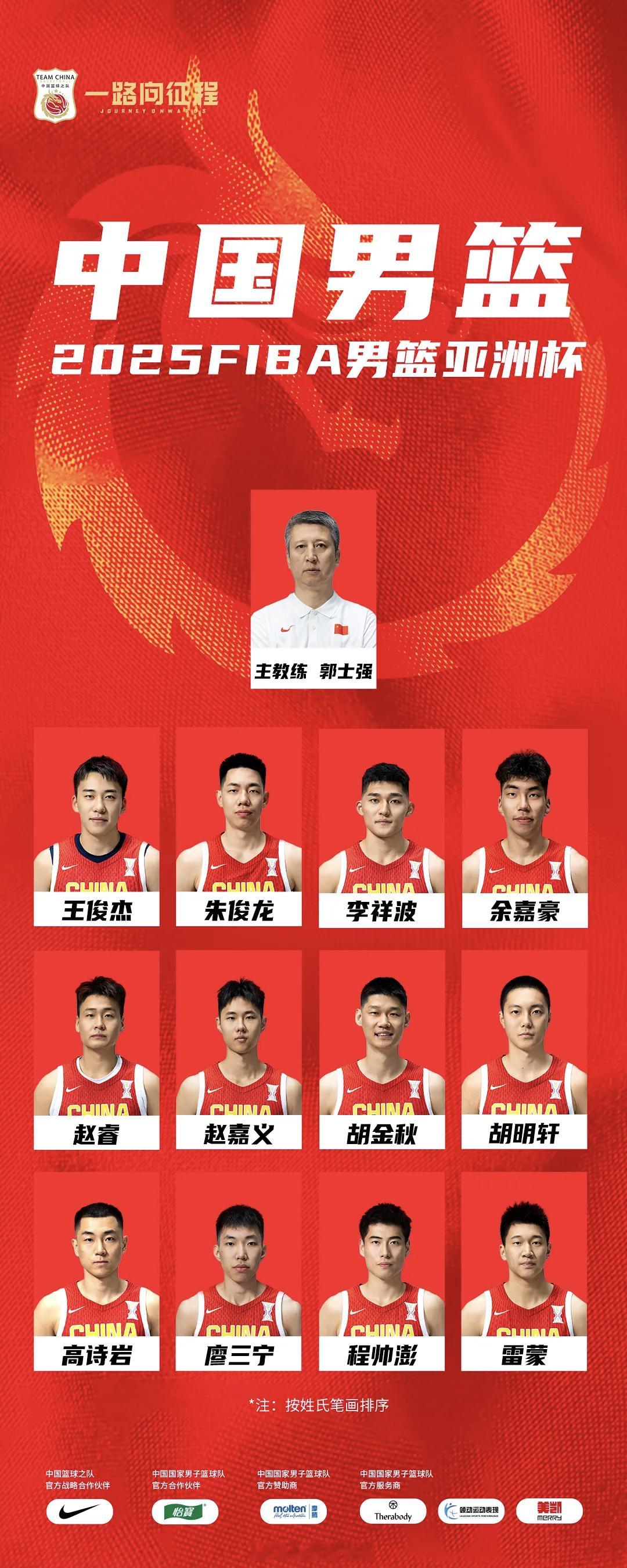 中国男篮的12人名单终于公布了王俊杰、朱俊龙、李祥波、余嘉豪、赵睿、赵嘉义、胡金