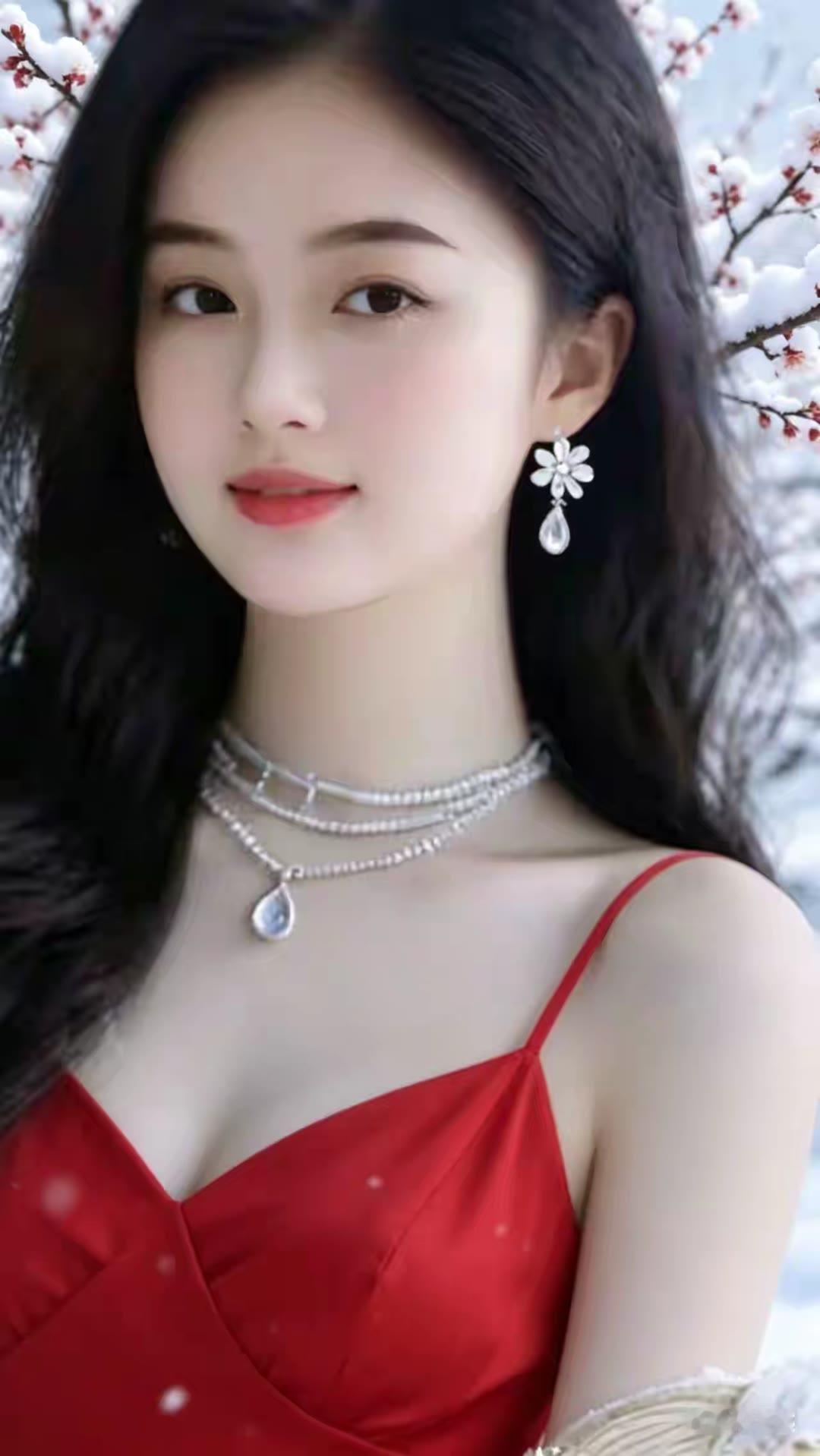 红衣美人倚雪枝，玉佩轻摇似有情。