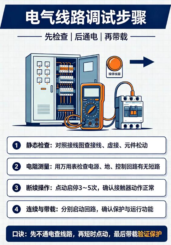 电工上电调试完整流程
1. 静态检查：核对接线、万用表电阻档测短路、确认负载安全
