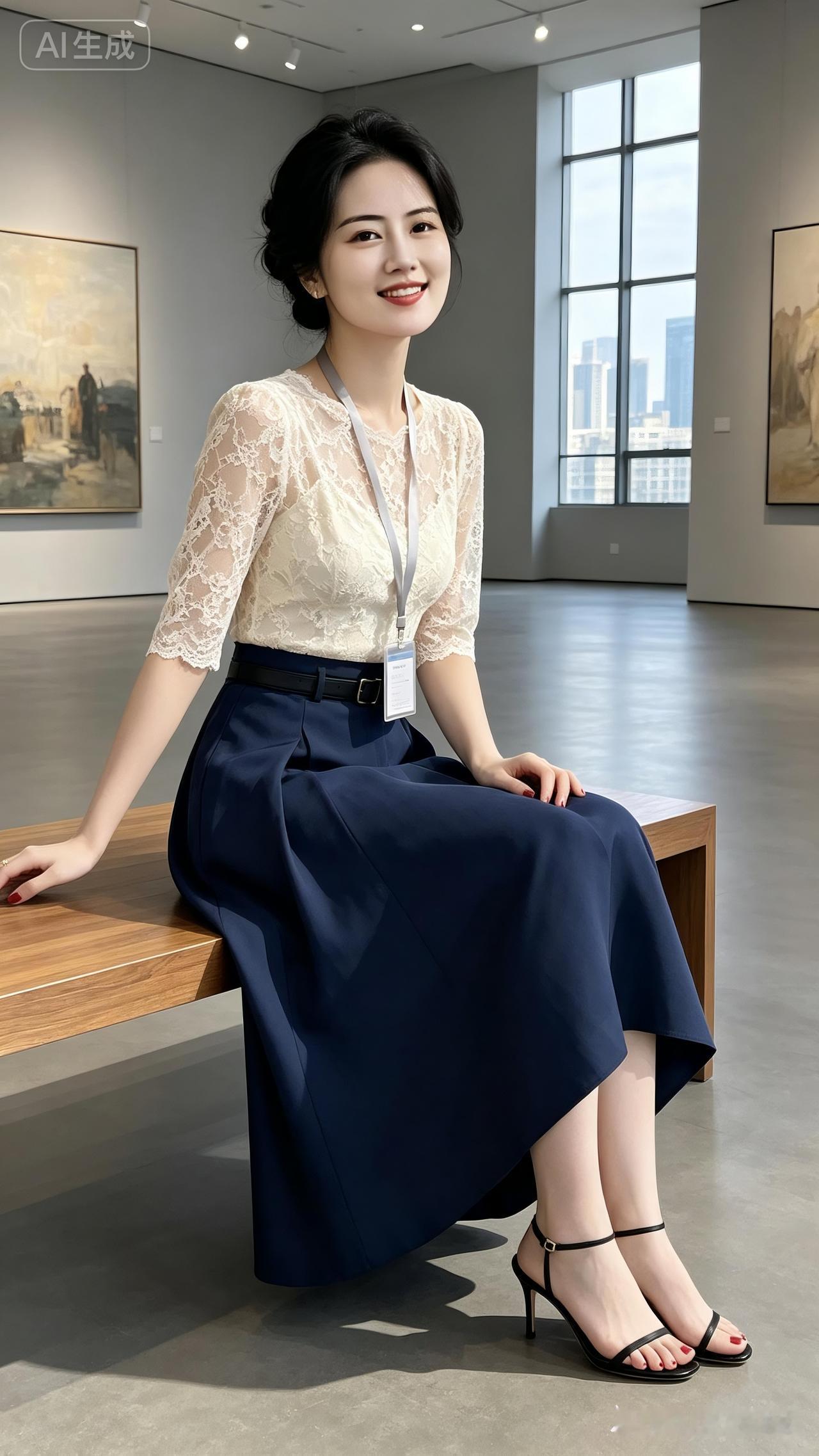 优雅艺术馆穿搭，蕾丝上衣+高腰裙，尽显知性美！🎨👗