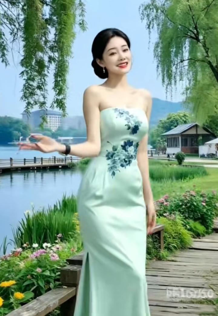 夏日清新穿搭，浅绿色连衣裙，在湖边漫步，享受美好时光。白裙和粉裙哪个好看? 淡黄