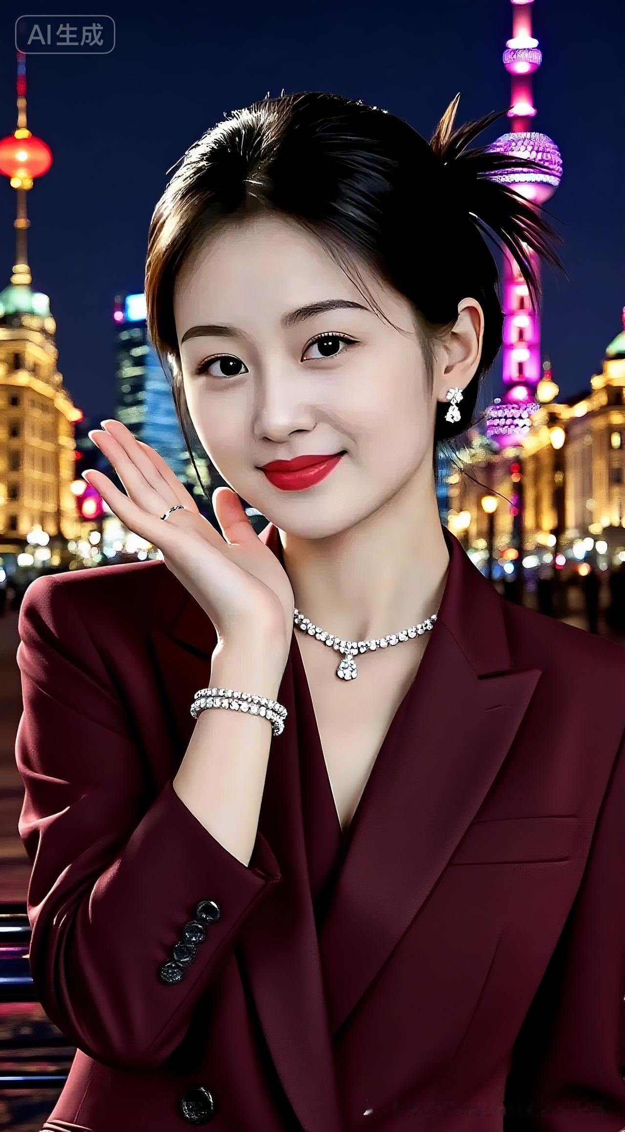 上海夜景下的优雅女性，红唇与珍珠项链相映成辉。
