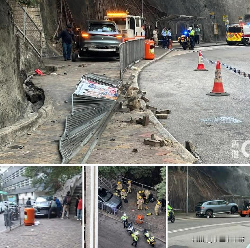 香港一辆私家车在转弯时怀疑失控，撞毁围栏后冲上行人路，撞伤一家三口，其中两母女被