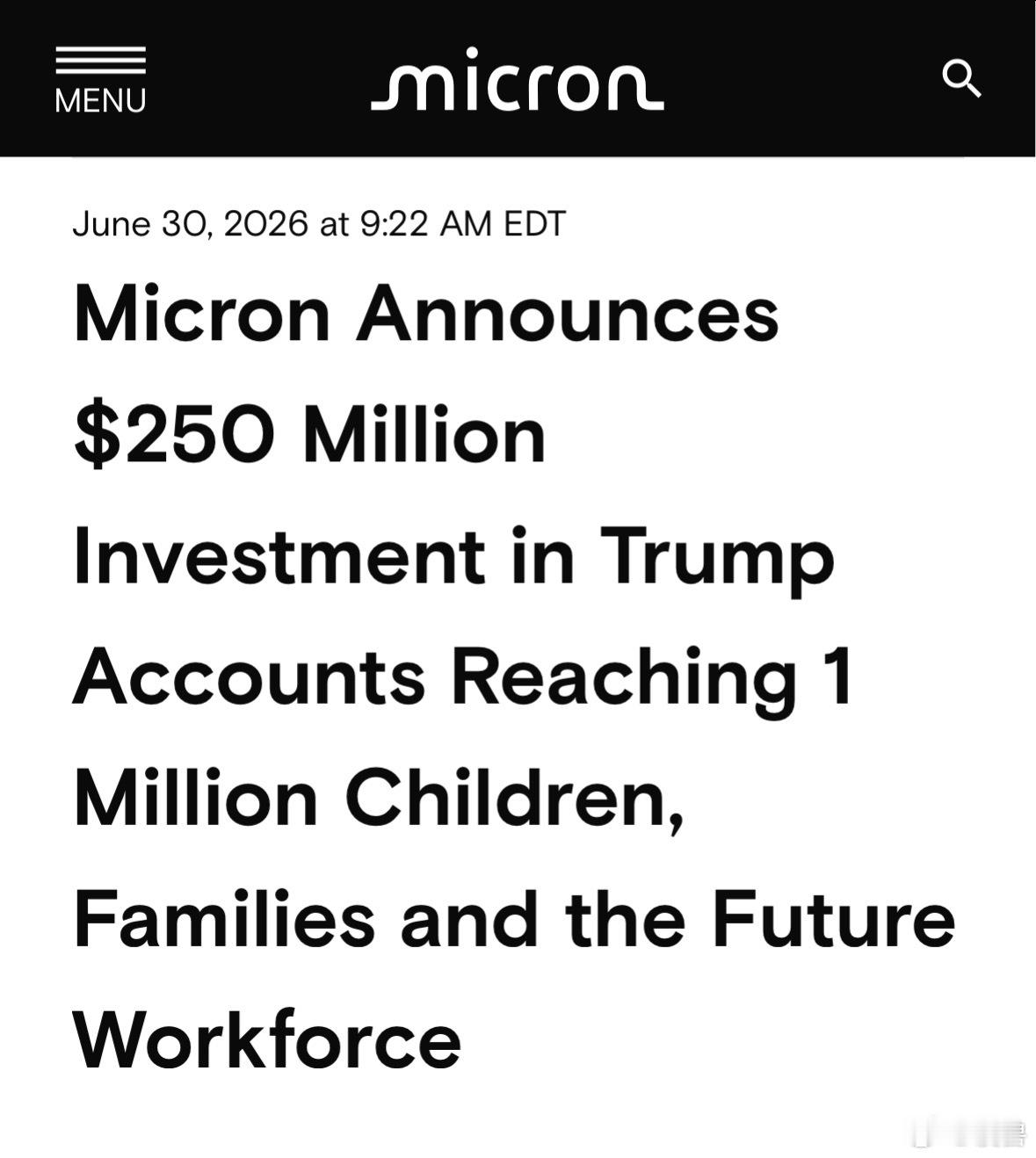 美光投资特朗普账户 美光科技于正式宣布，将投入2.5亿美元支持“Trump Ac