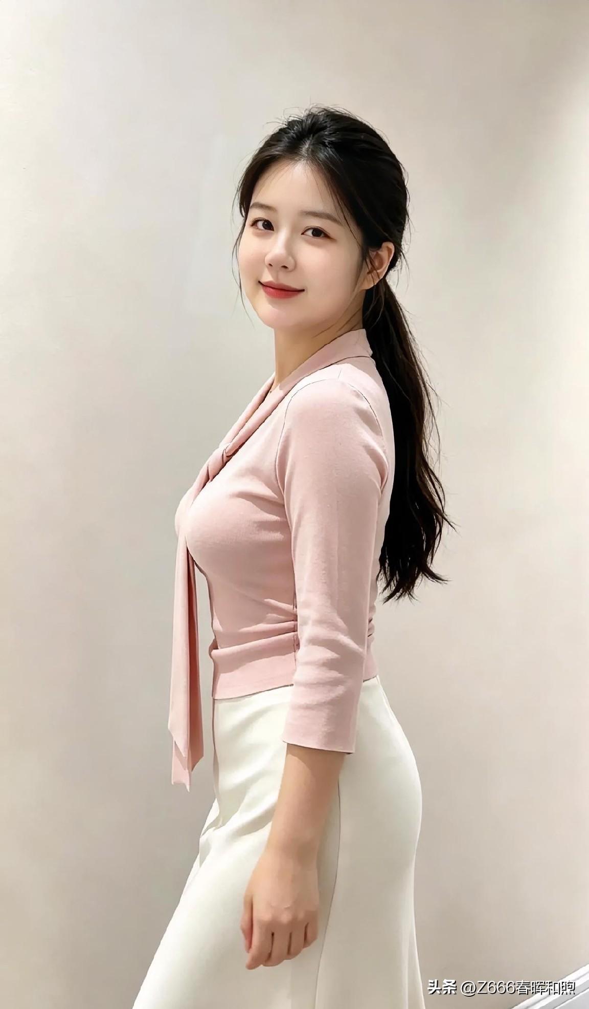 粉衫飘逸，白裙曳地，回眸浅笑间，温婉如春日微风，清新而动人。