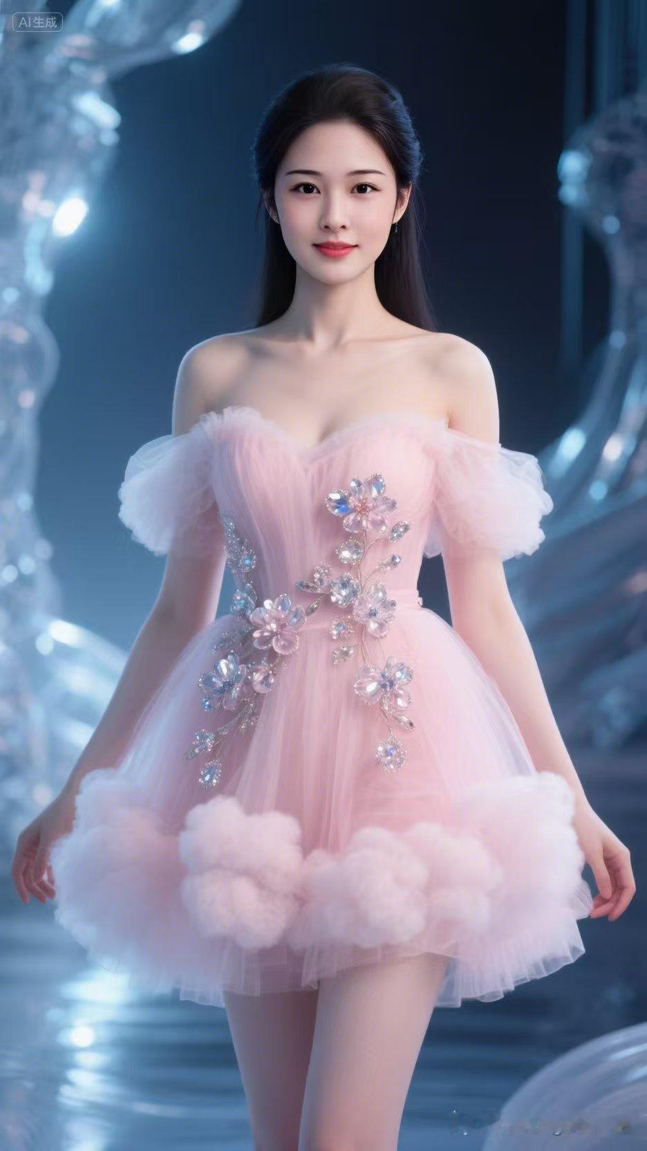 这身粉色仙女裙真的把梦幻感拉满！就像模特走秀穿的淡粉色高定礼服，轻盈薄纱加上露肩