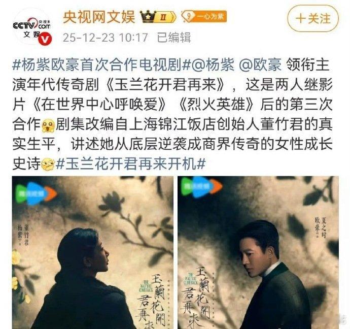 杨紫欧豪三搭了诶，玉兰花开君再来海报质感也很好，很有故事感，拍摄顺利！