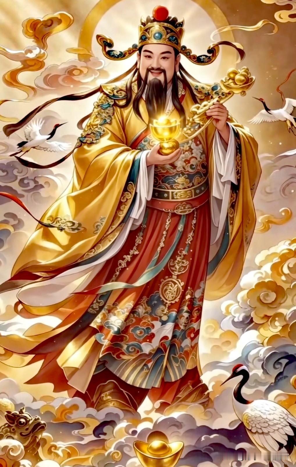 财神踏云施富贵，
仙鹤呈瑞纳财源。