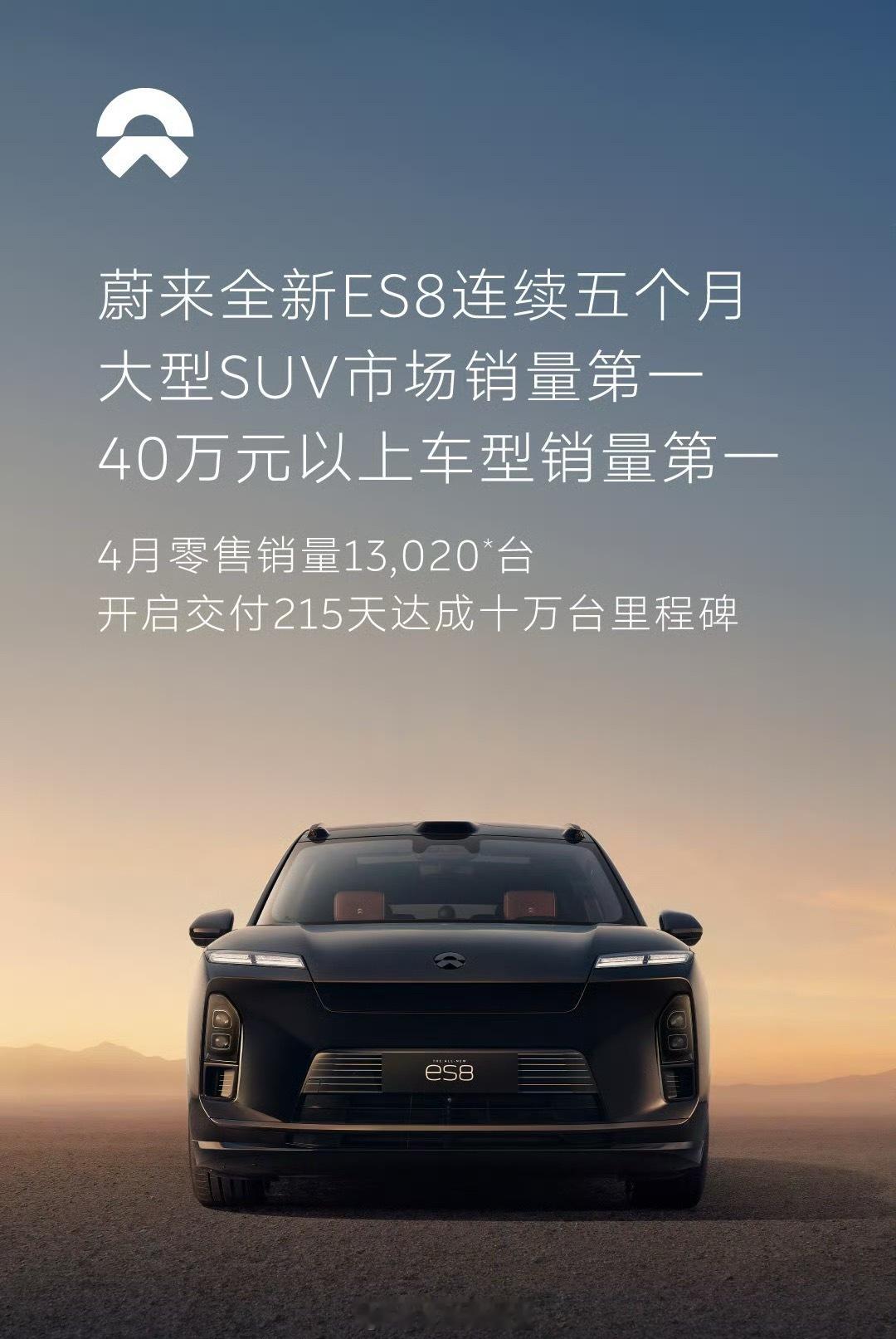 蔚来全新 ES8 已经连续五个月获得大型 SUV 和 40 万元以上车型，不分能