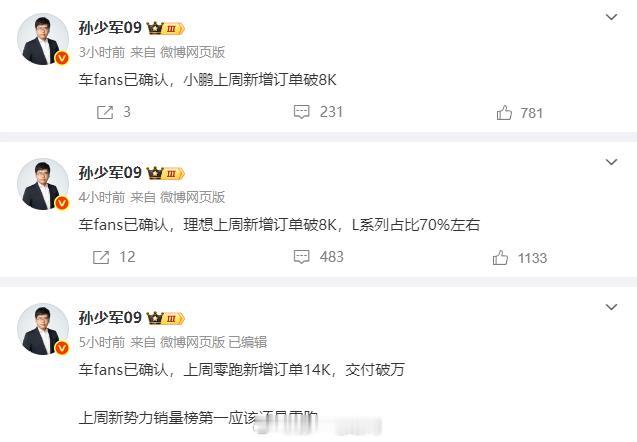 新能源汽车销量 零跑上周交付过万，新增1.4W，估计新势力还是销冠，CEO朱江明