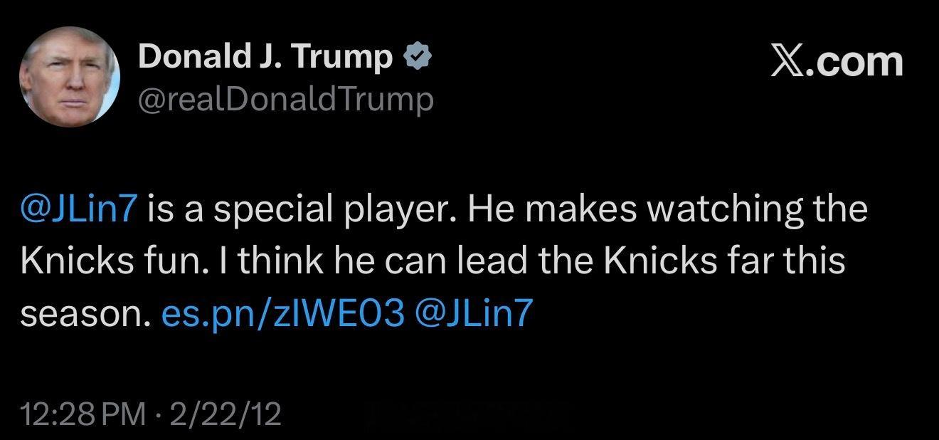 川普今天说要去麦迪逊看尼克斯的NBA总决赛，别的不知道，Linsanity时期，
