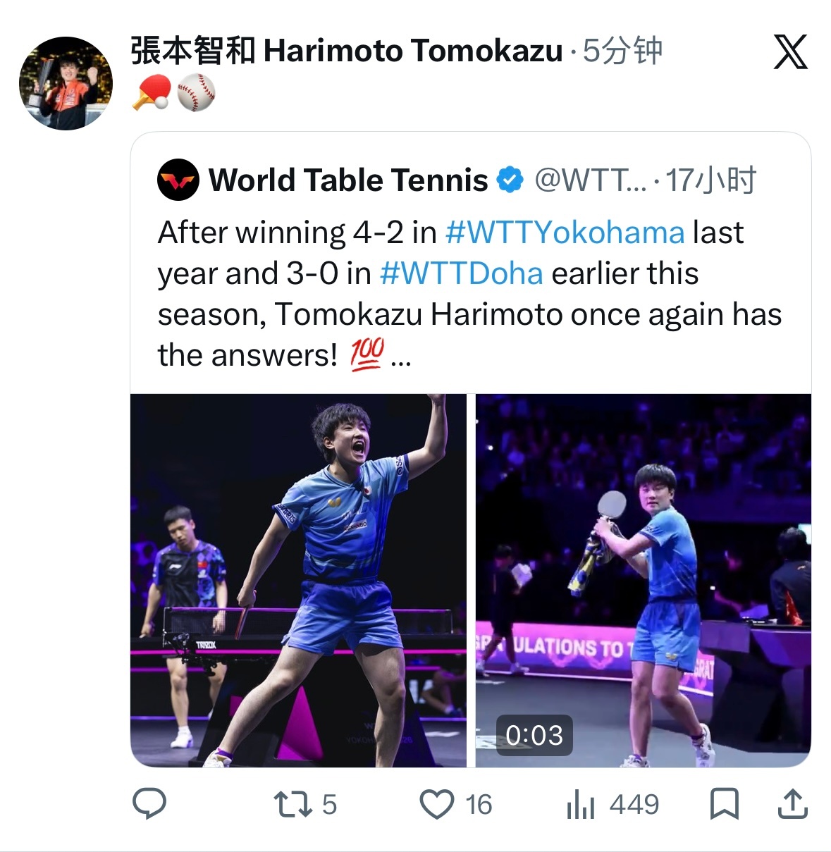 张本智和wtt横滨冠军赛2026 20260808X引用更新🏓⚾️原帖：网页链