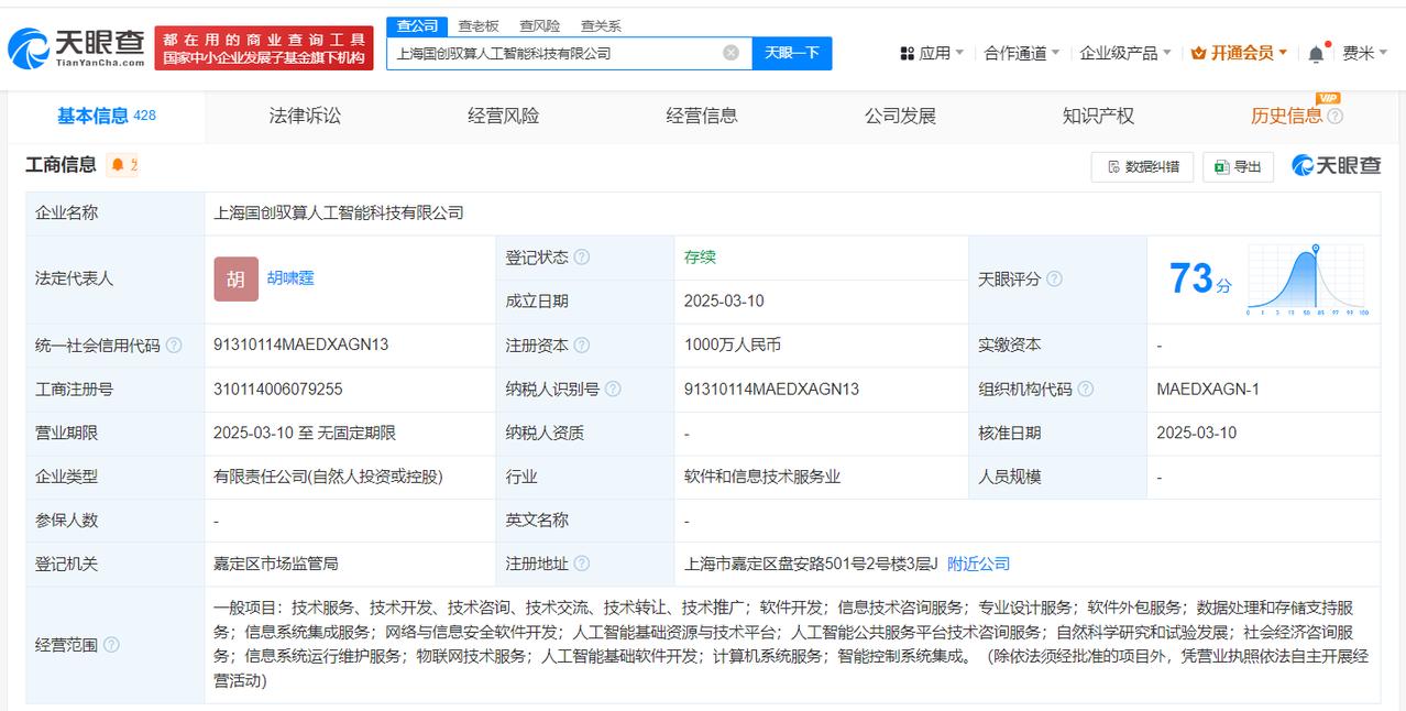 注册资本1000万
天眼查App显示，近日，上海国创驭算人工智能科技有限公司成立