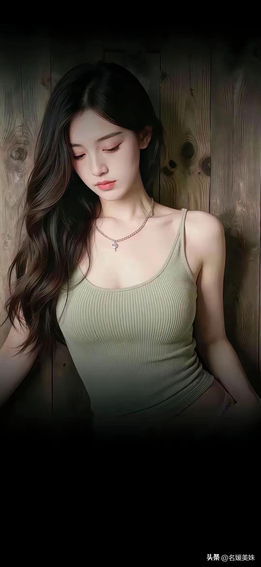 沉静的午后，少女倚靠在木墙旁，散发着淡淡的忧郁与优雅。🍀🌹🌴