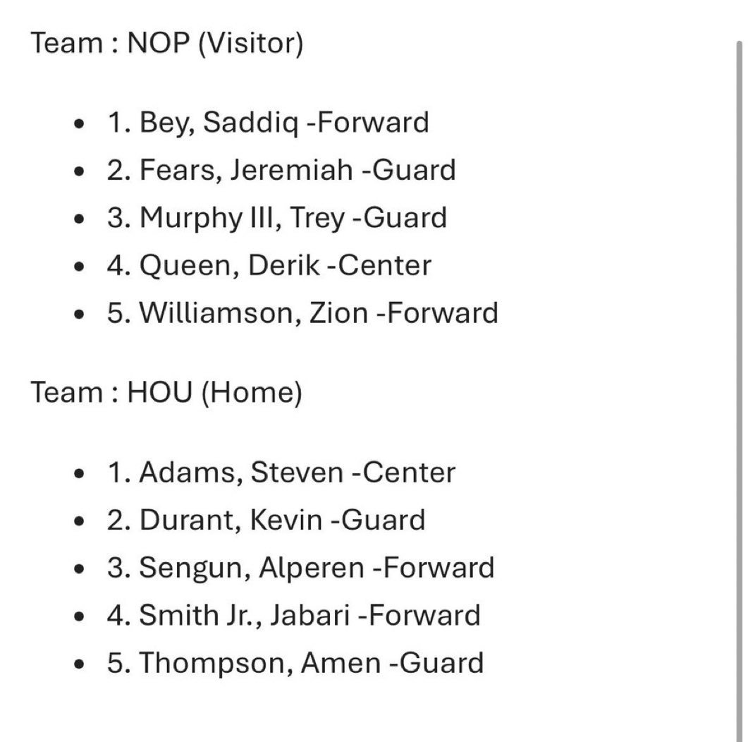 鹈鹕vs火箭 首发：阿门、杜兰特、小贾、申京、亚当斯双塔首发  你杜分卫鹈鹕vs