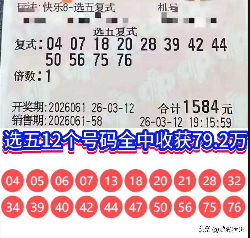 神乎其技！快乐8第26061期，江西一位彩民以12码复式投注“选五”，竟将所选号