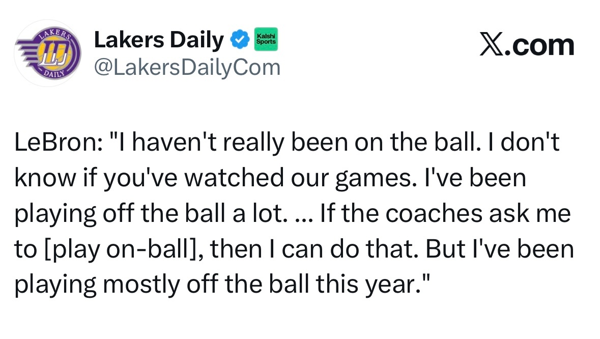 勒布朗：“我今年其实没怎么持球打。不知道你们看没看我们的比赛，我多数时间都在打无