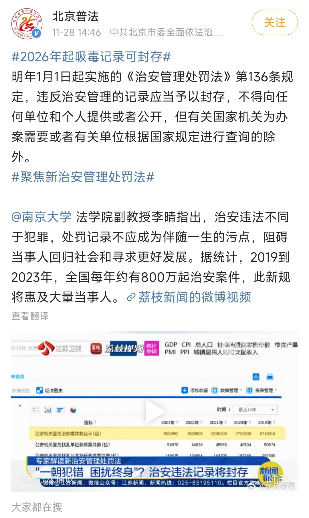 2026年起吸毒记录可封存  我反对南京大学李教授说的建议。既然违法，既然犯罪，