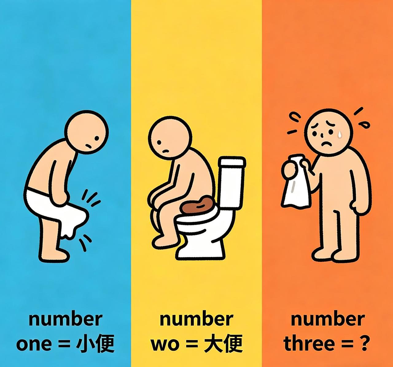 你知道英文大小便怎么说吗？

number one = 小便
number tw