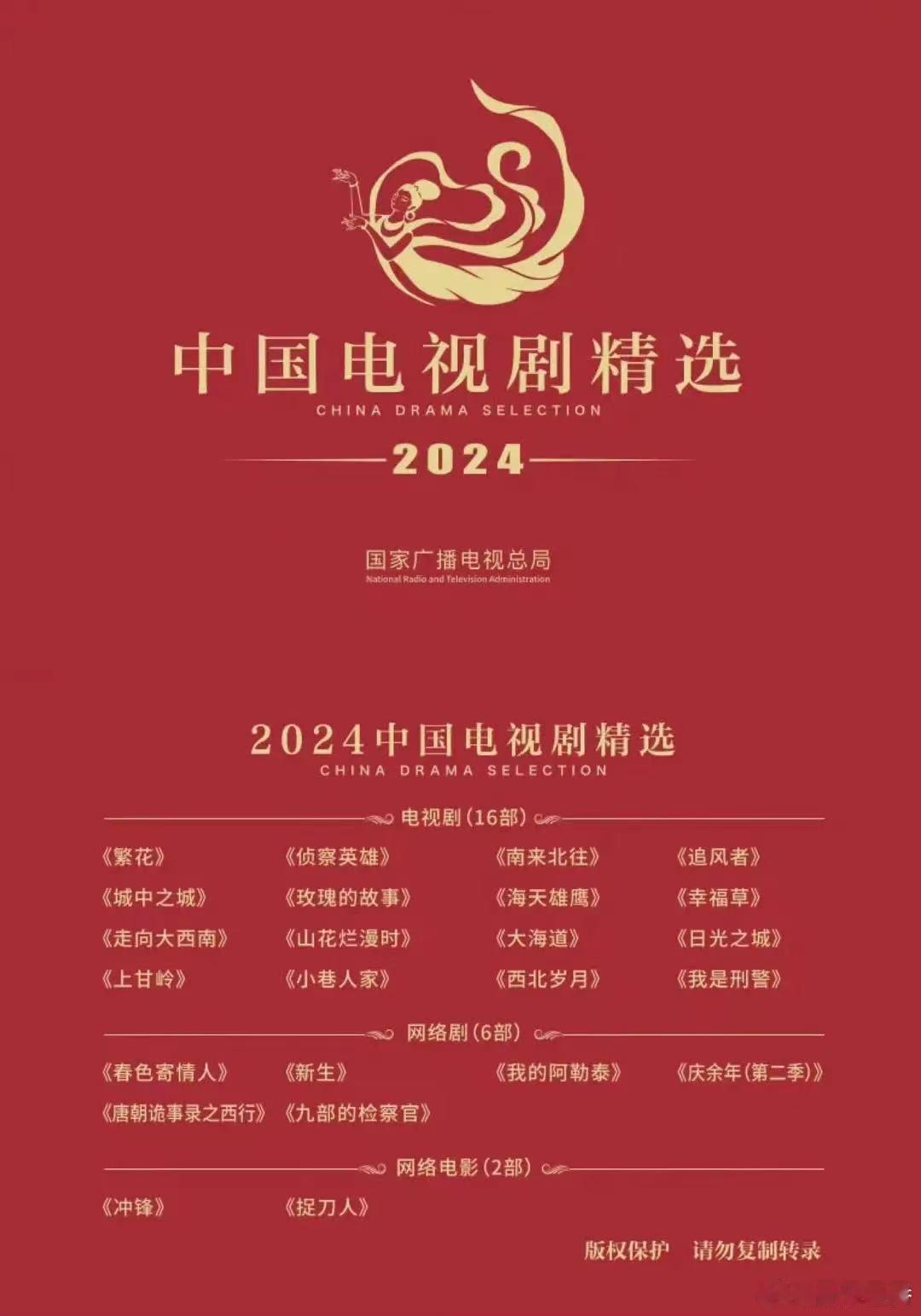 国家广播电视总局发布2024中国电视剧精选，24部作品获得年度高光，其中16部电