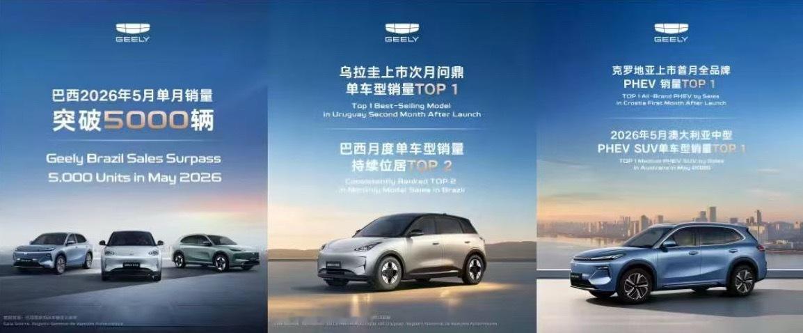 geely 6月16日消息，Geely EX2在巴西销量突破5000台，稳居单车