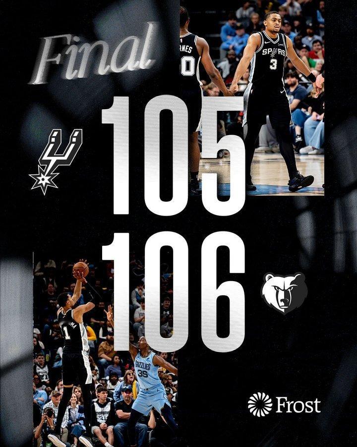 全场比赛结束！马刺客场105-106不敌灰熊，遭遇两连败马刺（25-11）：文班