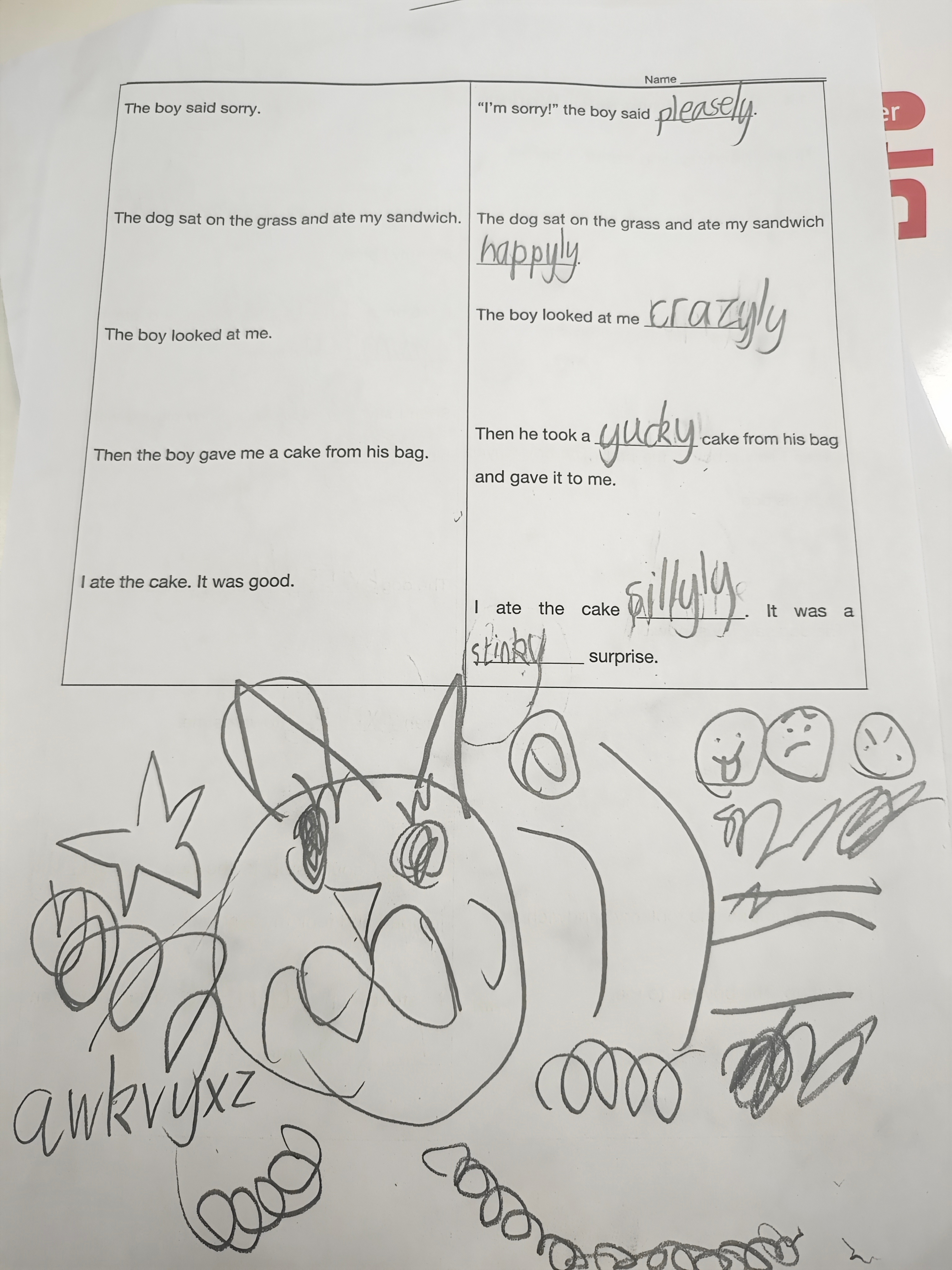 张小苗的写作练习大概讲的是他在沙滩吃三明治，来了只疯狗把他三明治抢走吃了，疯狗的