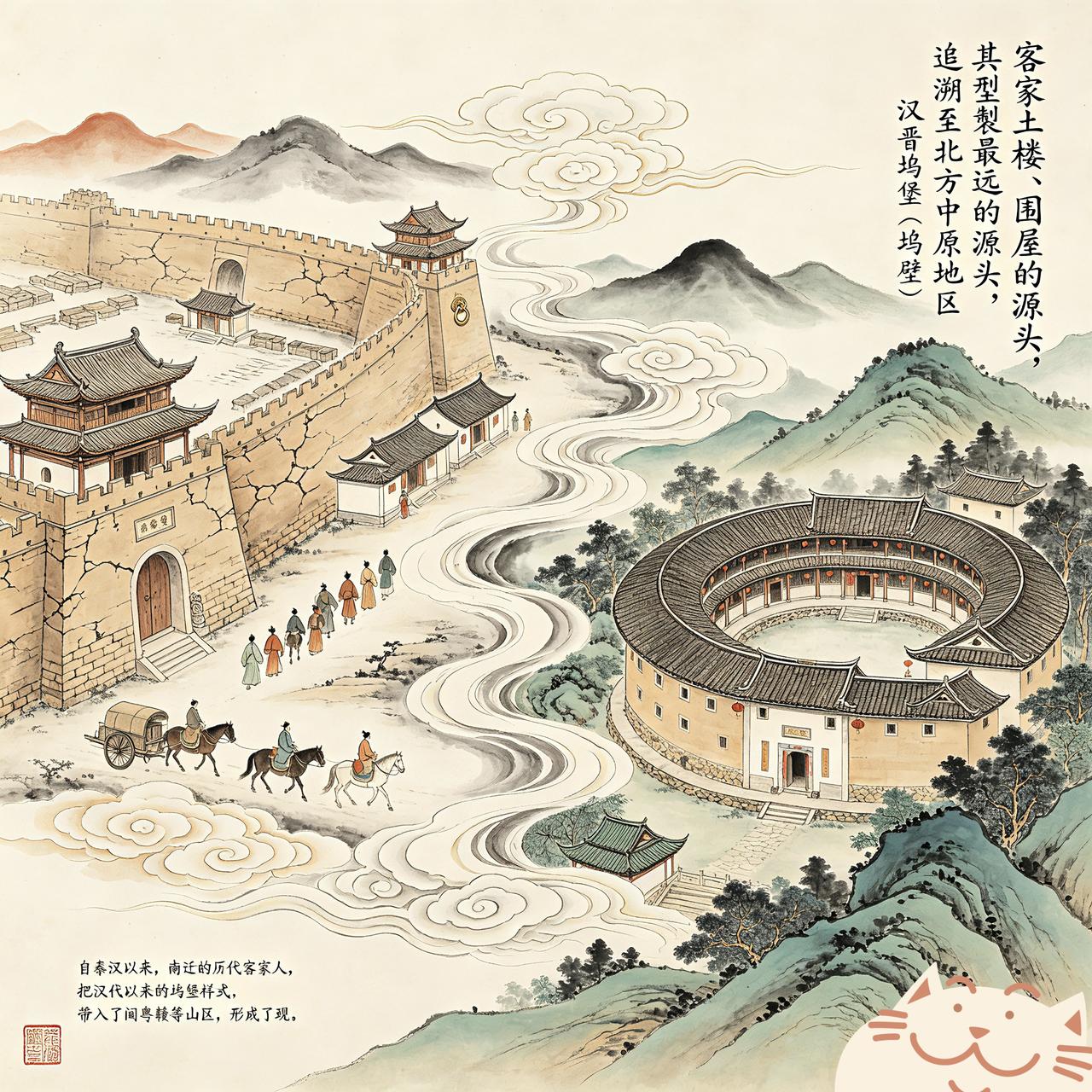 客家土楼、围屋形制，其最远源头，可追溯至北方中原地区的汉晋坞堡（坞壁）。

坞堡