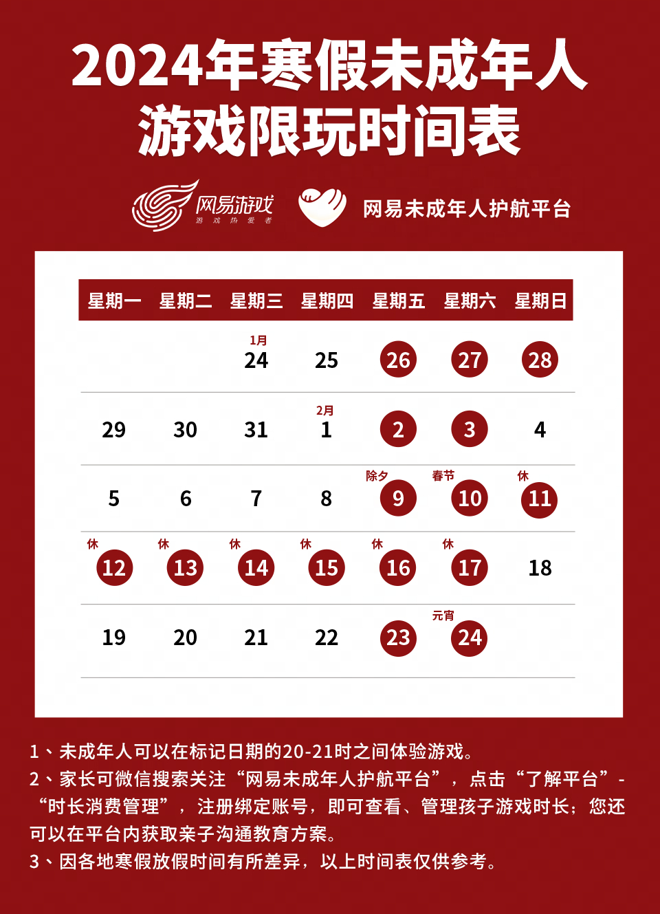 #网易游戏发布寒假限玩通知# 正好也赶上春节过年了，9个小时的游戏时长感觉也还算