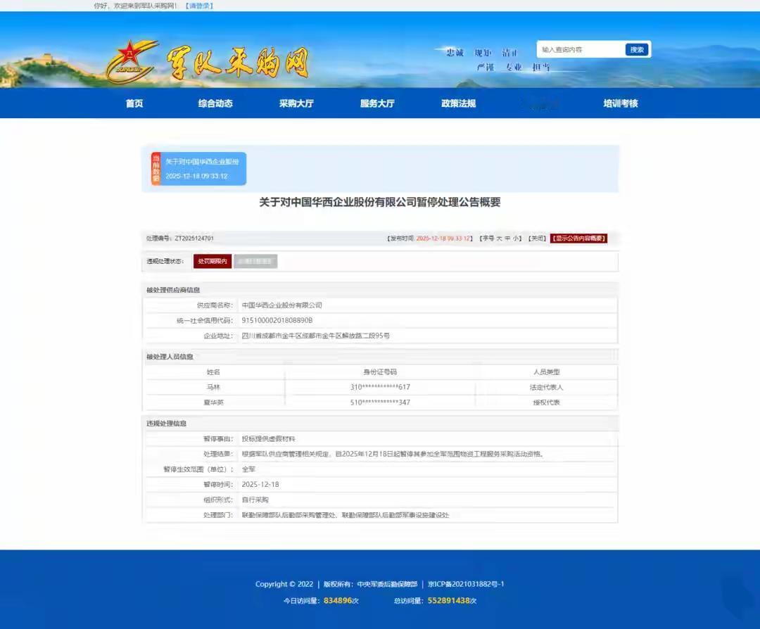 全军采购资格被暂停！华西企业投标造假被罚，教训太深刻
 
        12月