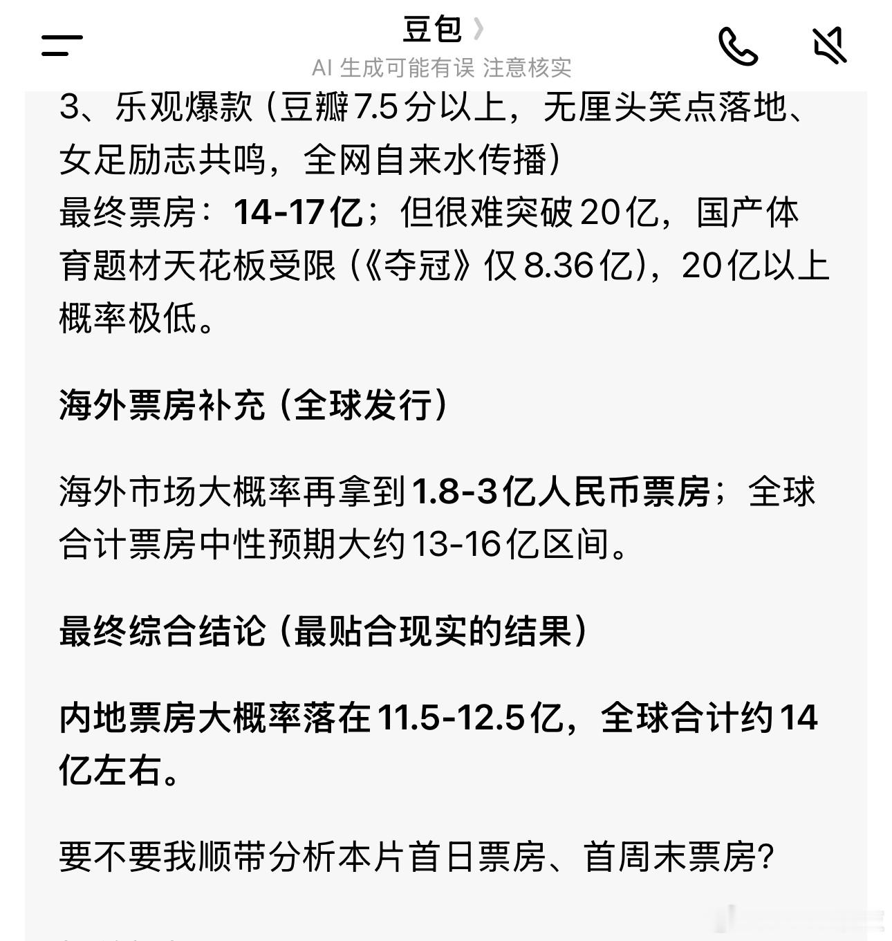 功夫女足AI预测票房Deepseek预测最终票房51.8亿人民币！豆包预测最终全