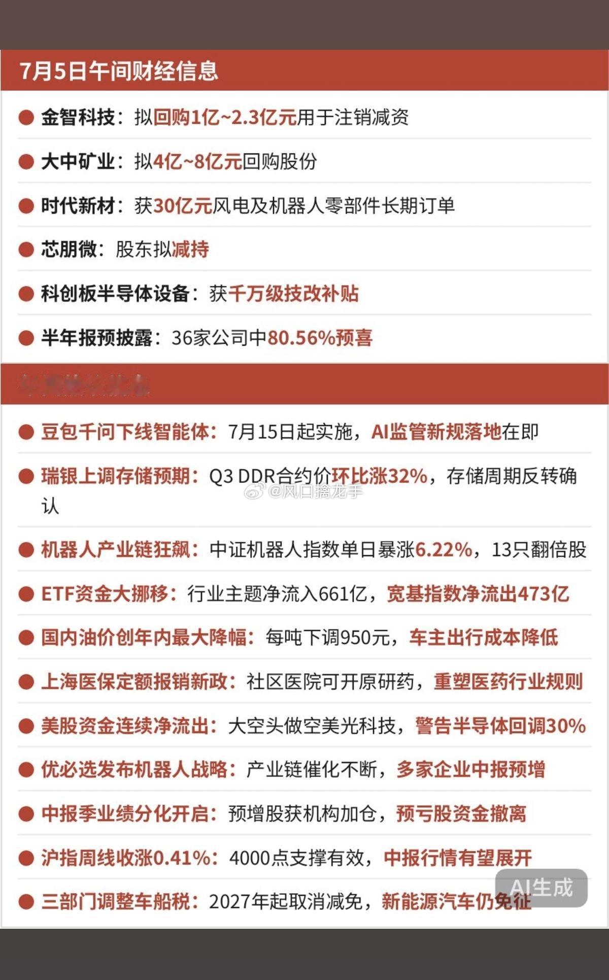 7.5周日午间四大财经热点完整汇总（产业逻辑+盘面影响）一、存储芯片：涨价周期实