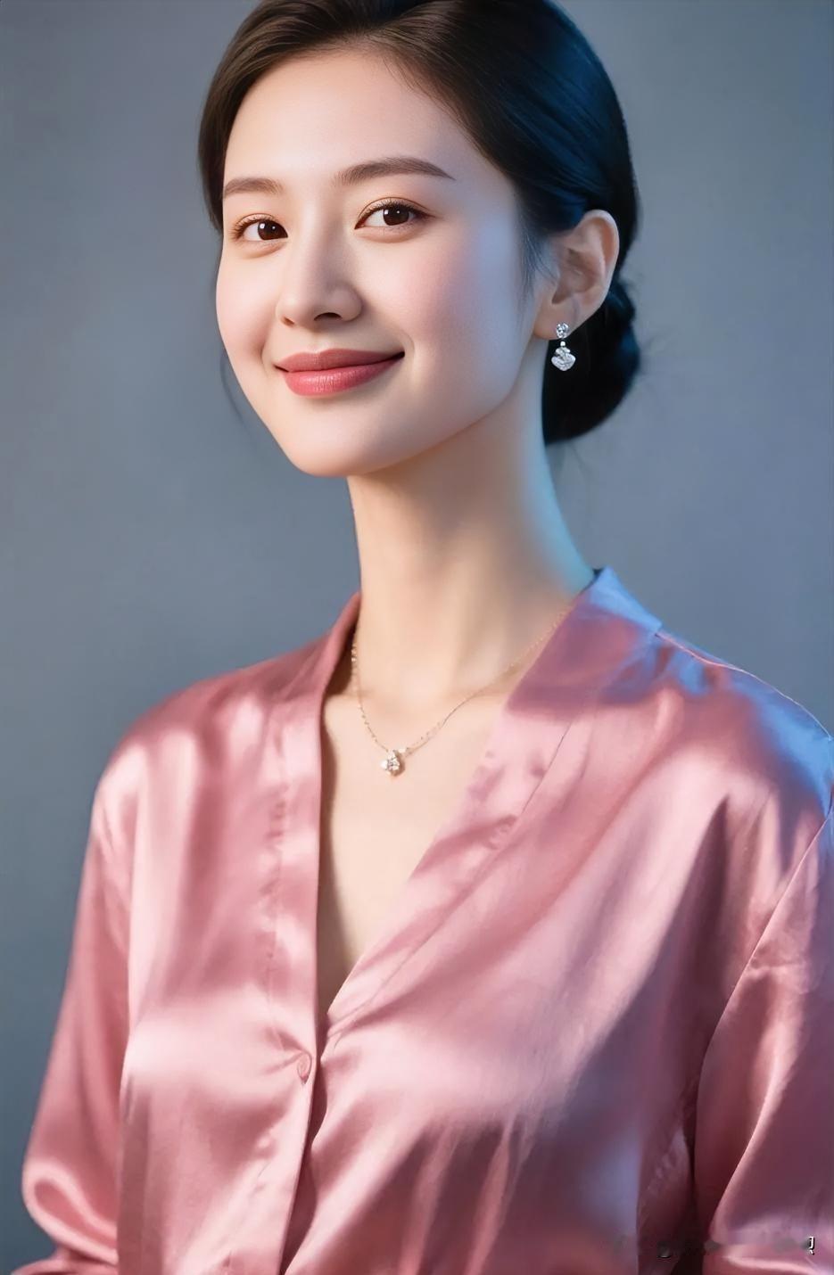粉色绸缎流光，温婉笑靥如诗，简约配饰点缀，优雅从容，尽显知性柔美风华。