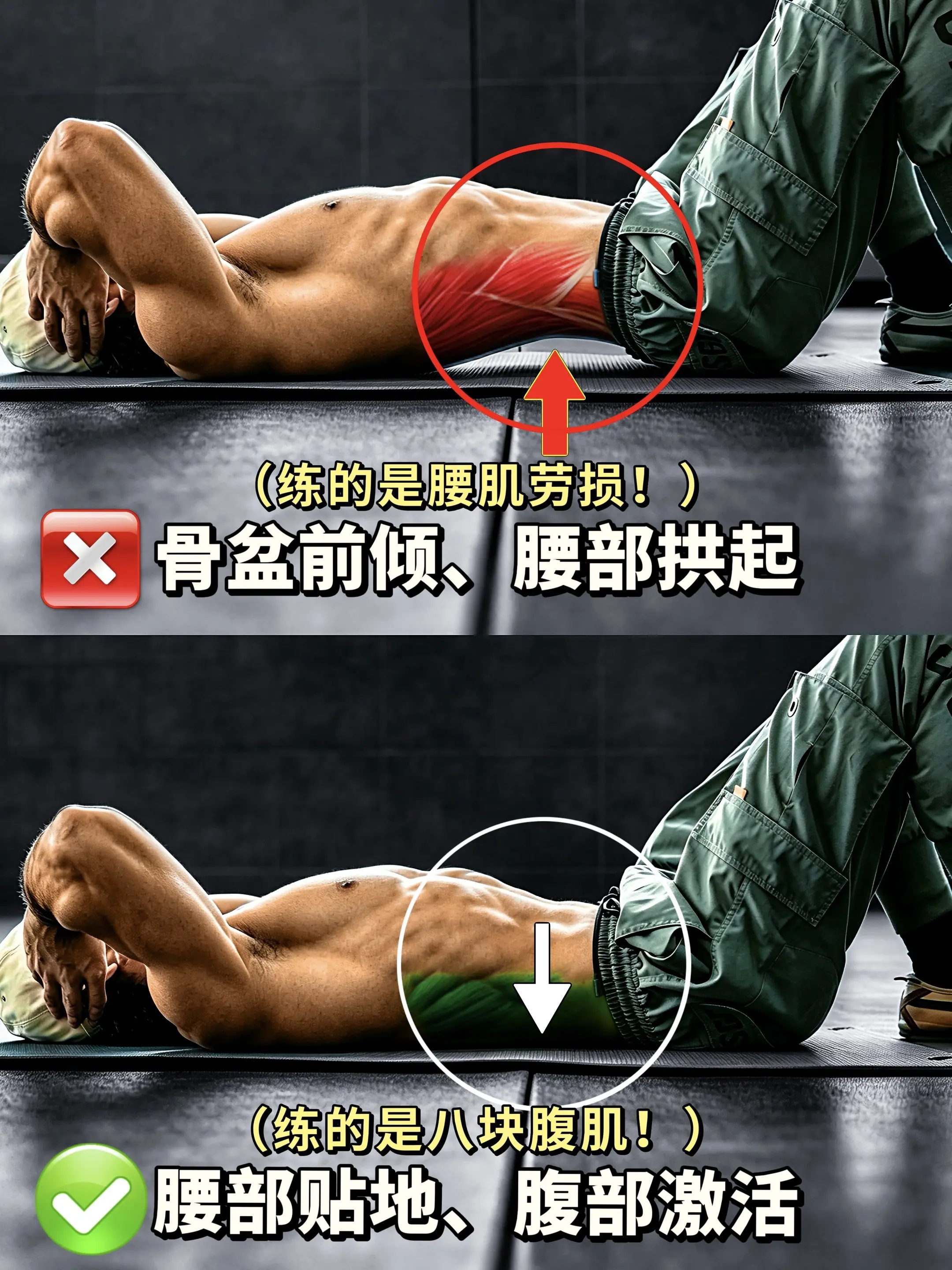 仰卧卷腹纠错教学 你做卷腹做对了吗？不少人练仰卧卷腹的时候，腹肌半点发...