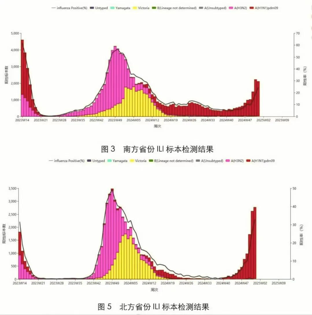 最新一期的中国疾控中心流感对南北方流感的监测周报：红色是甲流H1N1，粉色是甲流