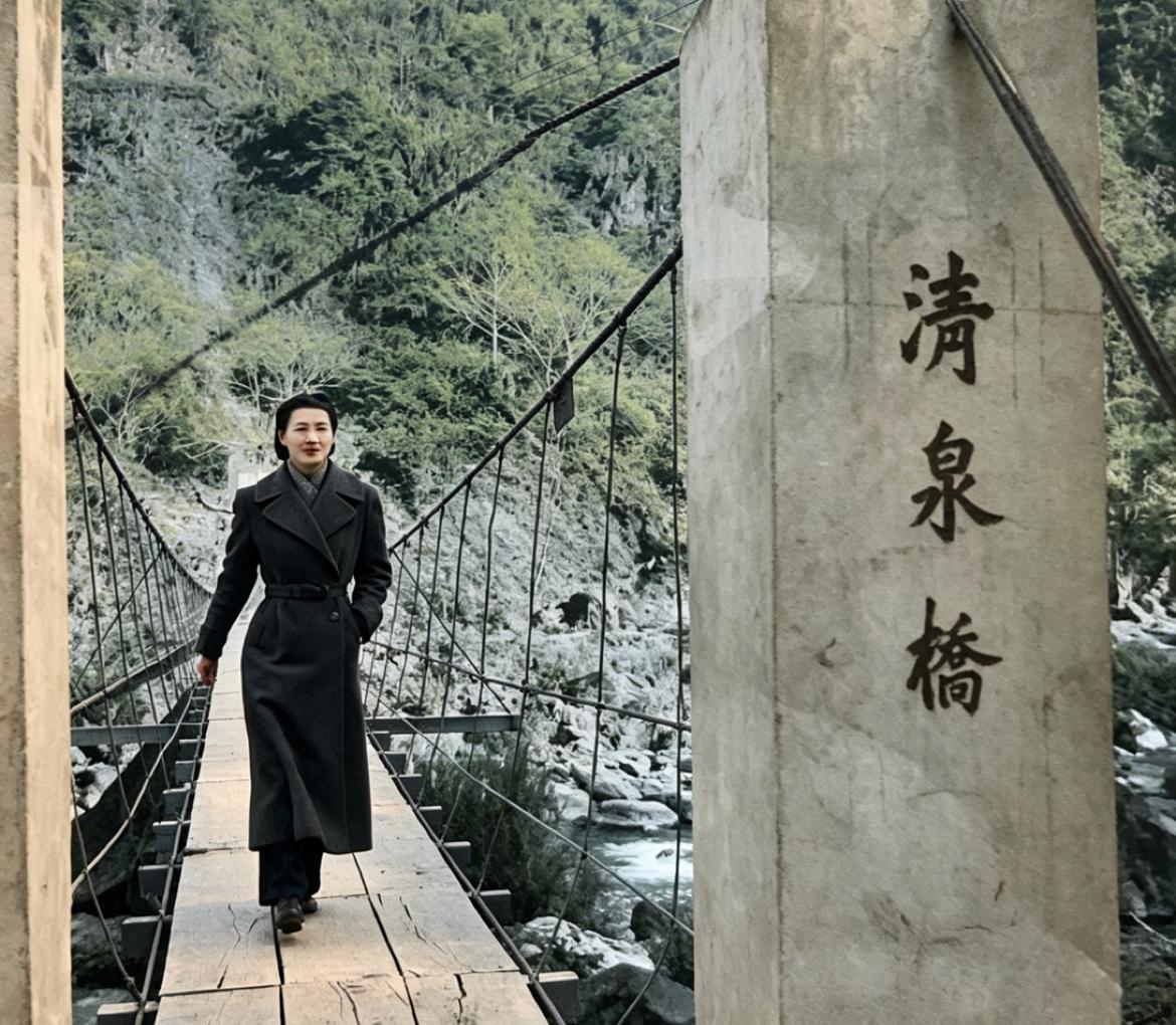 上世纪五十年代的凛冬，幽居清泉的赵一荻，行走在清泉吊桥上，这是张学良为她拍下的照