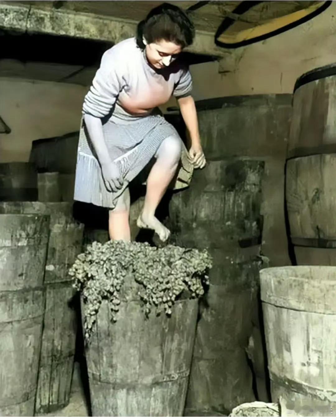 这是1950年，意大利的西西里岛，一名妇女正站在一个装满葡萄的木桶上。闻名世界的