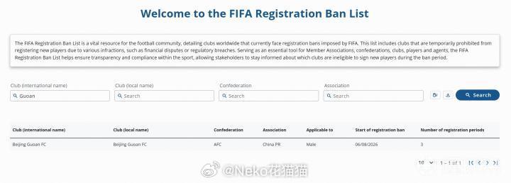 FIFA官网显示，北京国安新增一条转会禁令，持续3个转会窗。今年夏窗，北京国安签