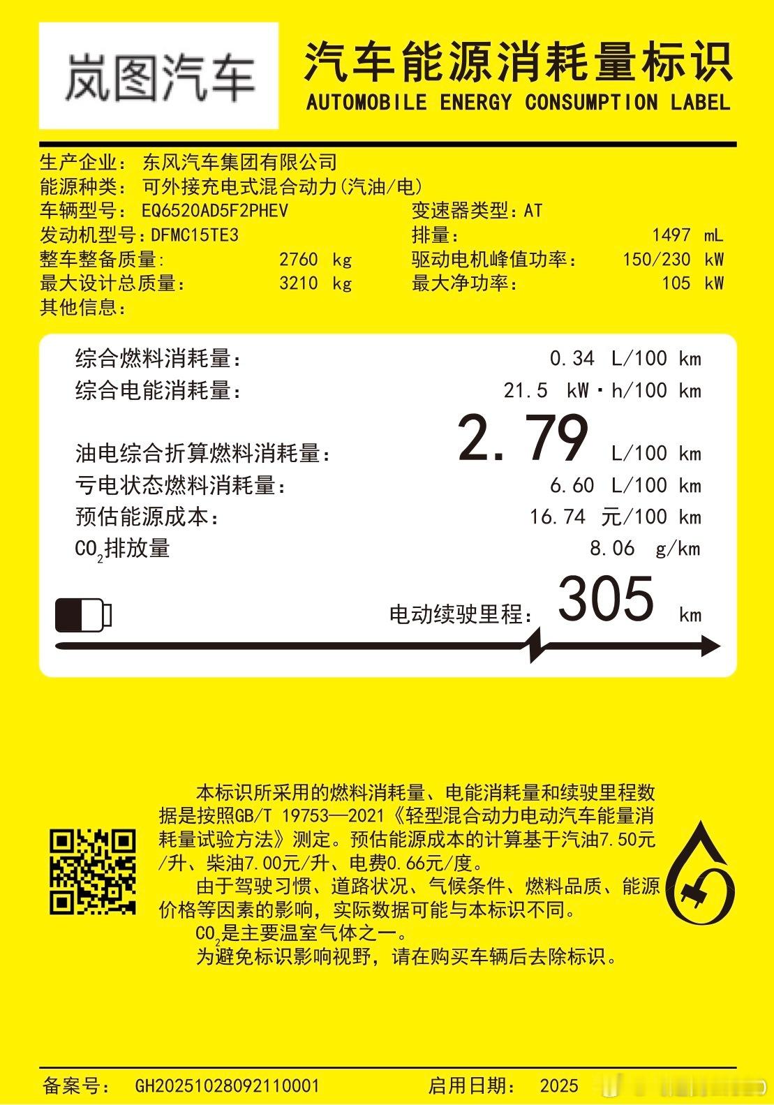 工信部数据都来了岚图泰山纯电续航305公里，电耗21.5，油耗6.6问界M9纯电
