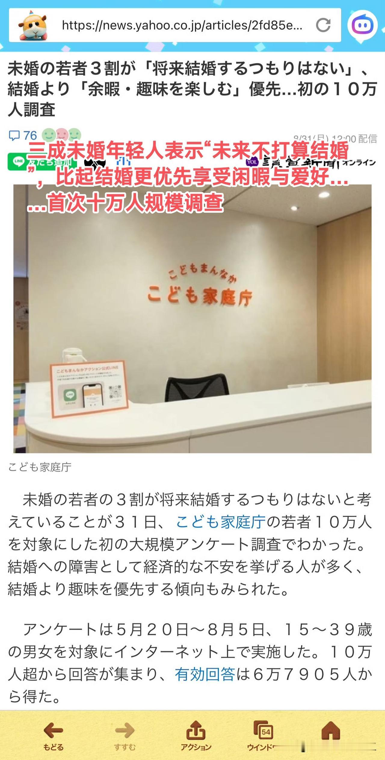 日本媒体新闻，日本儿童家庭厅首次对15-39岁的年轻人，进行了10万人规模的问卷