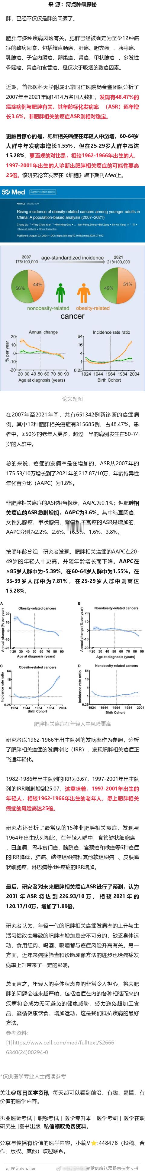 《细胞》子刊：这些癌症，年轻人发病风险高25倍！首医团队分析千万国人数据，发现肥