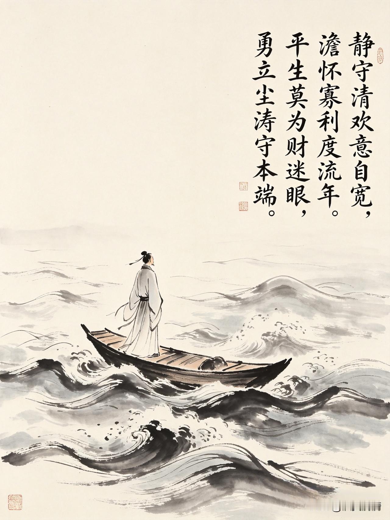 《明镜止水：返观内照妄念息，守拙抱朴本真现；静水，虚怀，慧足，量宏，德厚，识远，