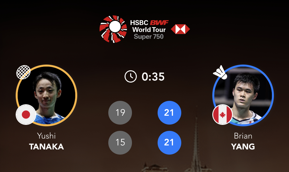 杨灿🇨🇦 21-19、21-15 🇯🇵田中涌士下轮：杨灿🇨🇦 vs 