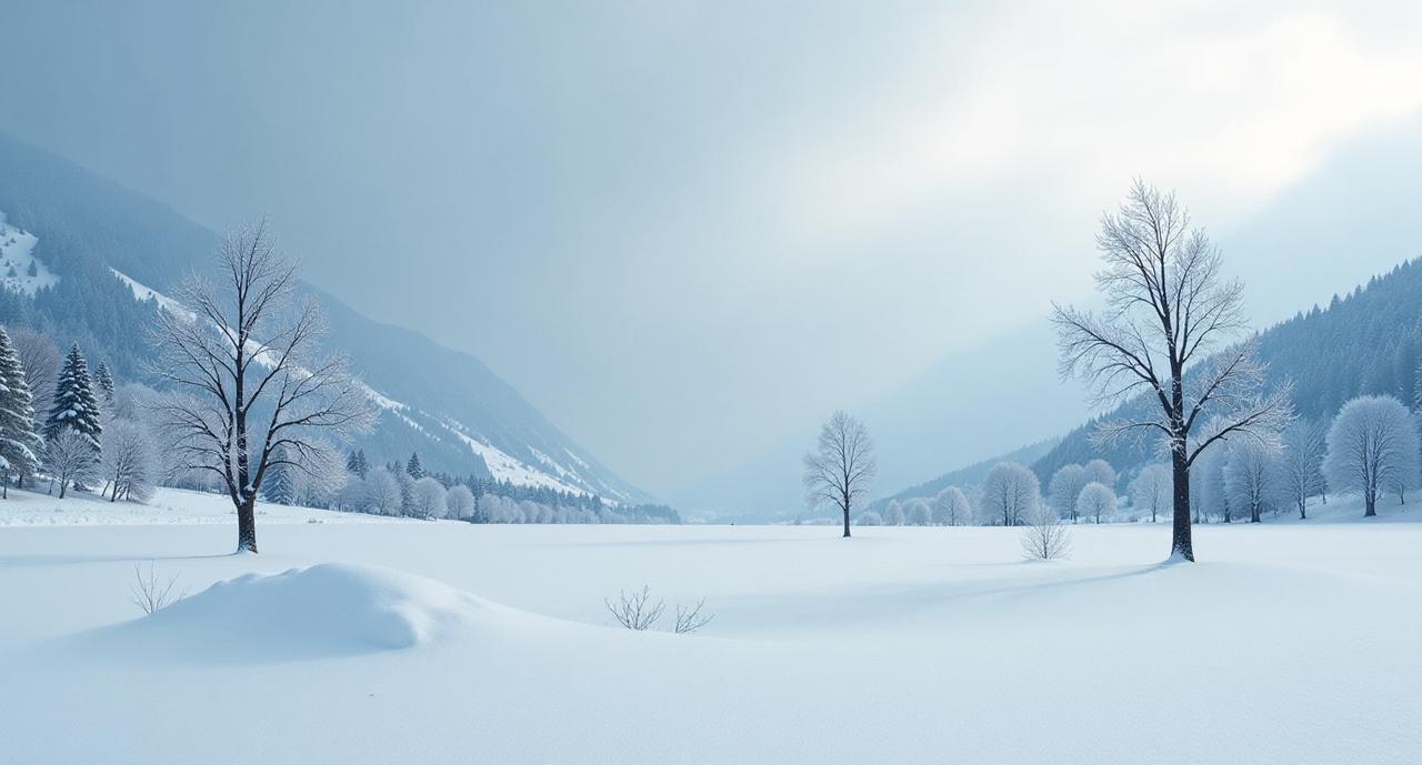 冬日生活打卡季在一片银装素裹的冬日雪景中，广袤的平原被厚厚的白雪覆盖，宛如一幅静