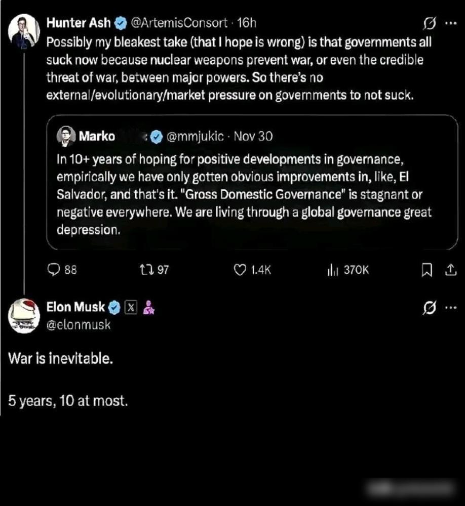 马斯克凌晨3点不睡觉，直接给全世界泼了一盆凉水。他在网上断言：战争无法避免，就在